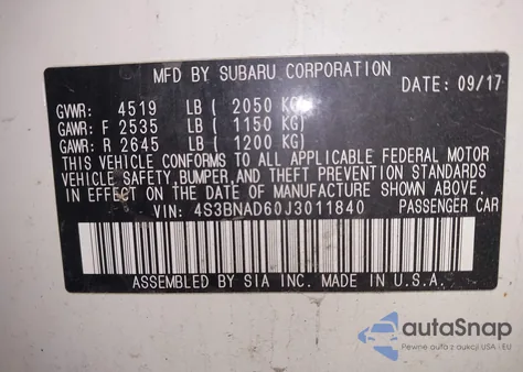 2018 Subaru Legacy 2.5I Premium z USA, uszkodzony, nr VIN 4S3BNAD60J3011840